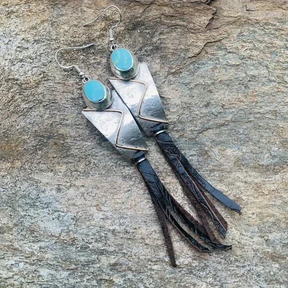 OOAK Sterling Silver/Gold Filled Panels/Oval Turquoise/Leather Tassel Earrings - Picture 6 of 7
